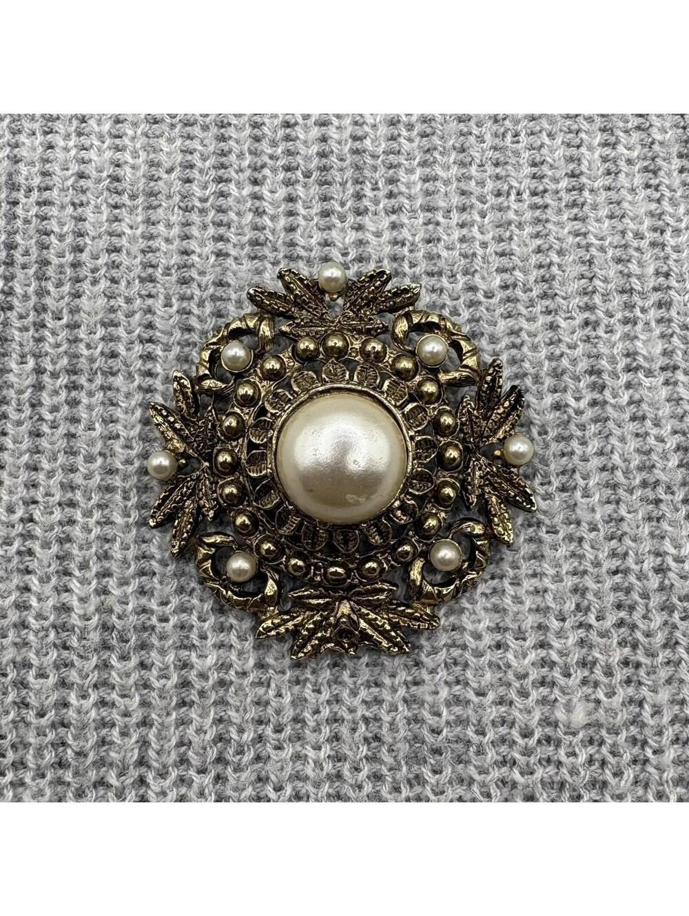 Vintage Gold Tone Faux Pearl Ornate Floral Brooch Statement Pin